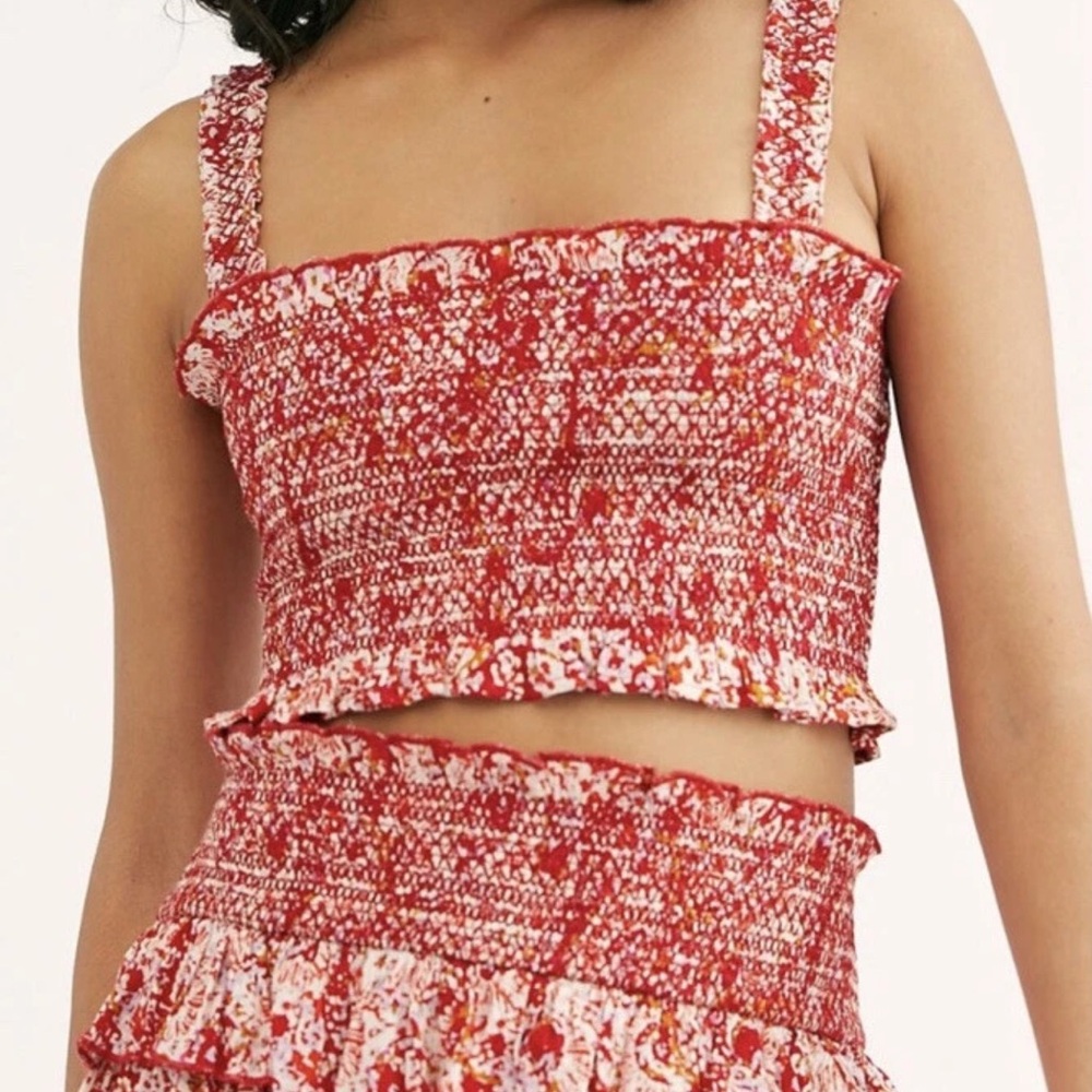 Free People Endless Summer Thalia Smocked Crop Top in Red Ivory Combo Small $118 - Picture 10 of 11